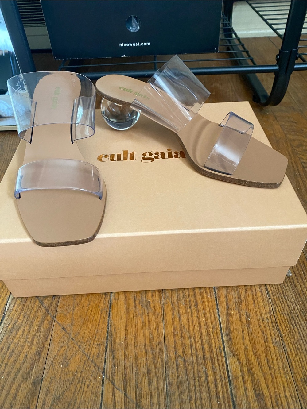 cult gaia Clear-Strap Nude Block Heel Mules